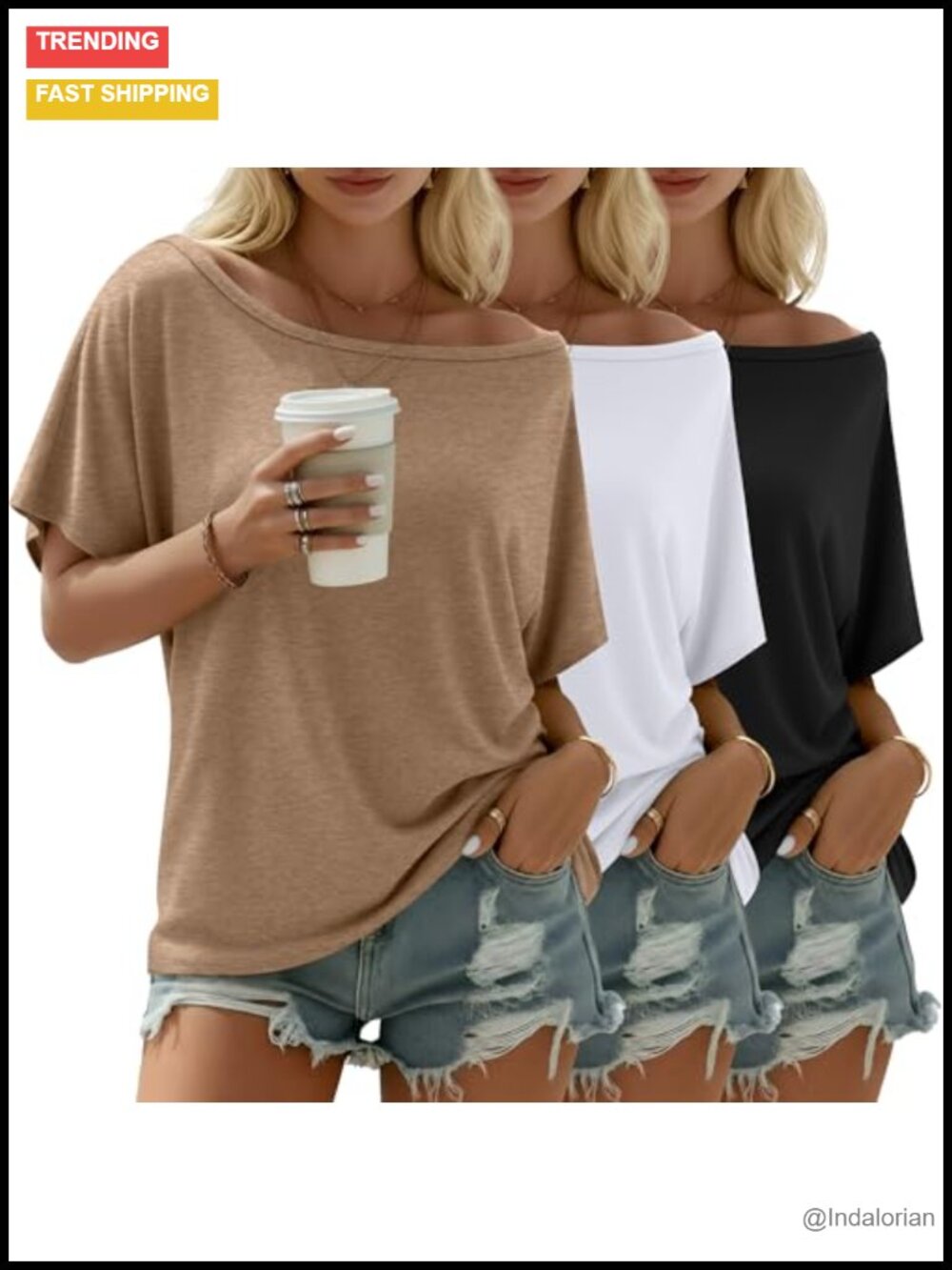 Women's Off Shoulder Tunic Tops 3 Pack Dolman Sleeve Casual Shirt